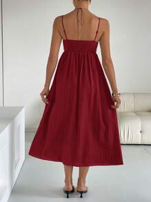 Siren Gaze 女式印花褶饰长款休闲吊带连衣裙 - 酒紅色 - 查看 3