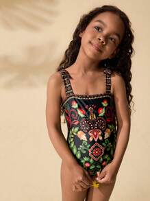 SHEIN Young Girl Cute Floral Print Sleeveless One-Piece Swimsuit For Summer - Multicolor - View 3