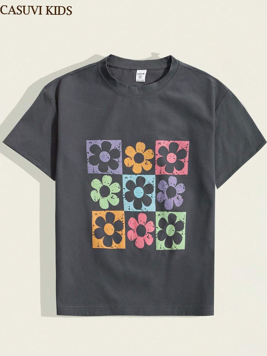 SHEIN Explorewe Camiseta Feminina Estampa Floral, Camisa de Manga Curta Rosa e Roxa Versátil e Fashion com Flor, Adequada para Uso Casual em Casa ou ao Ar Livre na Primavera/Verão - Cinza - Visão 1