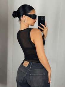 SHEIN ICON Women's Mesh Sheer Ruched Waistline Bodysuit - Black - View 2