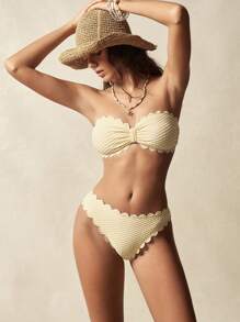 VARSIVA Summer Women's Vacation Beach Textured Shell Trim Bandeau Bikini Set, Tank Tops - Yellow - View 6