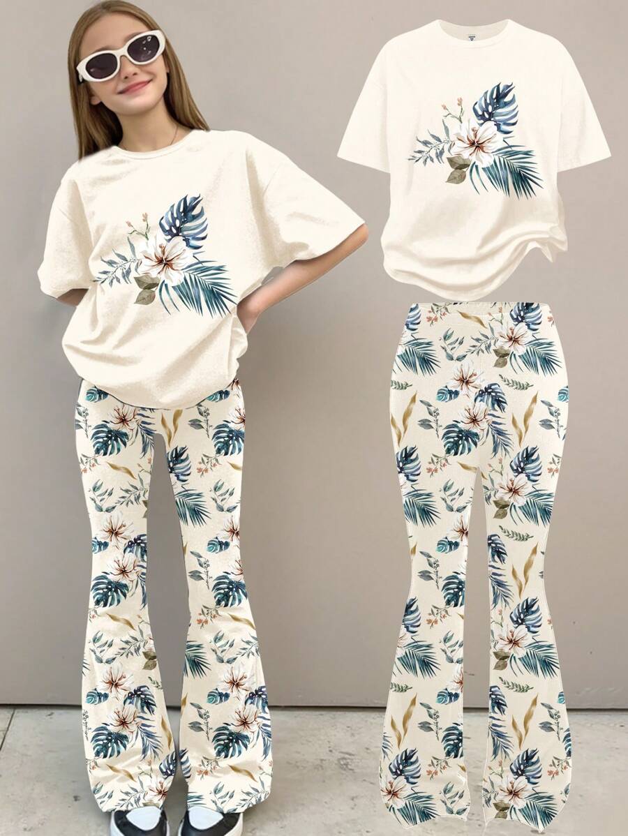 SHEIN Leap Crew 青少年女孩休闲花卉印花宽松短袖圆领 T 恤和阔腿裤两件套,适合夏季度假 - 彩色 - 查看 1
