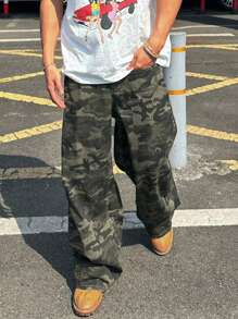 DAZY Wiosenny kamuflaż wielokolorowe męskie luźne, workowate dżinsy z kieszeniami