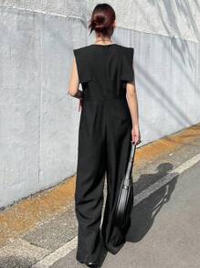 FRIFUL Women's Solid Color Pleated Wide Leg Jumpsuit, Casual Wear For Festivals, Concerts