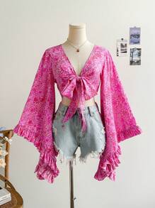 Soleia V-Neck, Ribbon Tie, Bell Sleeve, Print Shirt