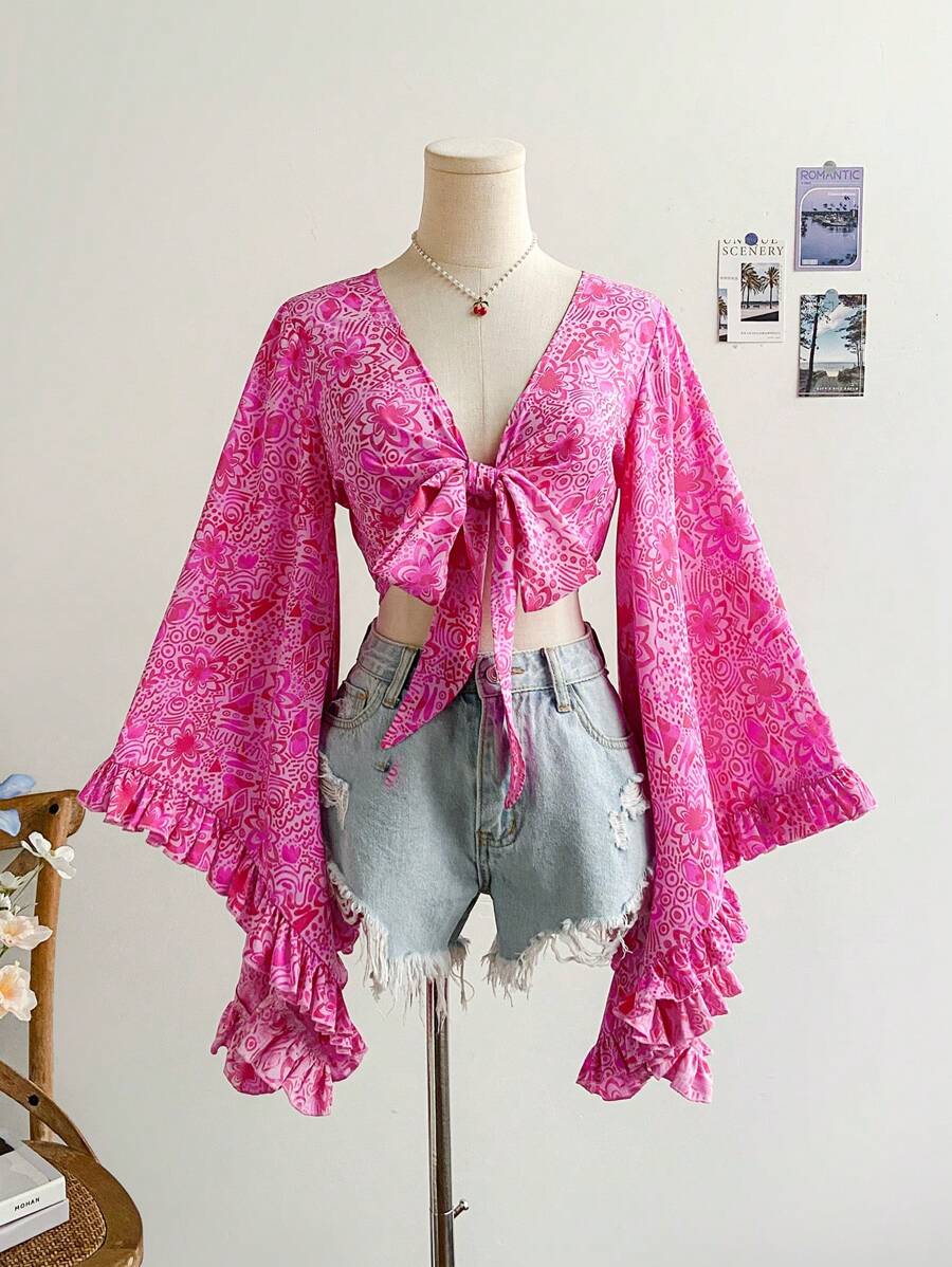Soleia V-Neck, Ribbon Tie, Bell Sleeve, Print Shirt