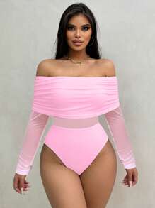 Zolique Off Shoulder Mesh Panel Bodysuit - Pink - View 3