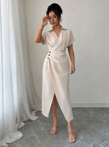 Elenzga Abito elegante da donna con vita plissettata e spacco, colore unito, adatto per l'estate