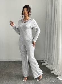 Calvaya Casual Knit Ribbed Contrast Trim V-Neck Wide Leg Jumpsuit For Plus Size Fall Cloth For Women - Grey - View 4
