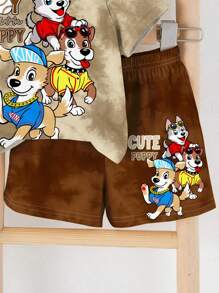 SHEIN 2pcs/Set Baby Boy Casual Cartoon Print Round Neck Short Sleeve T-Shirt And Shorts, Suitable For Summer