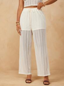 L'Amorae Plus Size Women Solid Color Waist Tie Straight Loose Casual Long Pants - Apricot - View 2