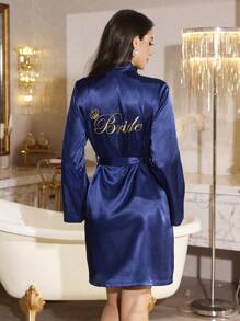 LuxeNights Women's Letter Embroidery Long Sleeve Elegant Robe Luxeloungewear ,Vacation
