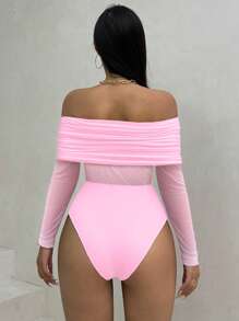 Zolique Off Shoulder Mesh Panel Bodysuit - Pink - View 2