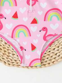 SHEIN Baby Girl Flamingo & Rainbow Print Ruffle Zipper Long Sleeve Swimsuit - Multicolor - View 5