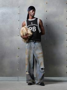 NEON BLANC Jeans de estilo callejero holgados para hombre con estampado de flores de nieve, edición de ropa urbana