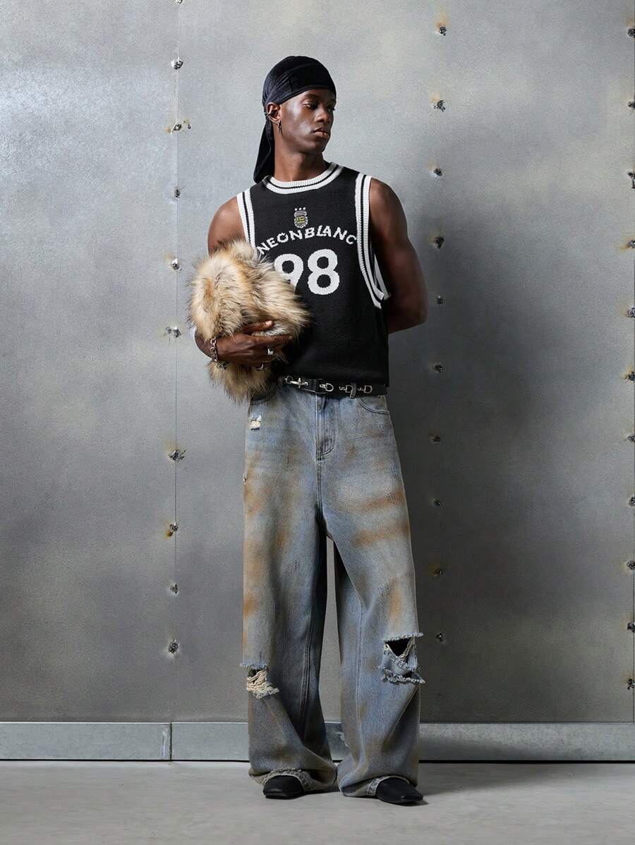 NEON BLANC Jeans de estilo callejero holgados para hombre con estampado de flores de nieve, edición de ropa urbana