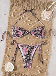 Swim SXY 2 Stücke Damen Leopard Muster Schnür-Rückenfreier Bikini Badeanzug - Pink - Übersicht 5