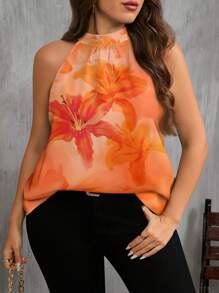 SHEIN Clasi Blouse à col ras-du-cou à imprimé floral pour femmes grandes tailles, convient pour l'été