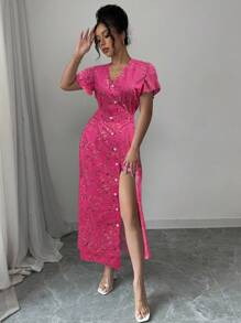 Chiquease 新款欧美风休闲V领系带腰部碎花衬衫连衣裙 - 玫紅色 - 查看 4