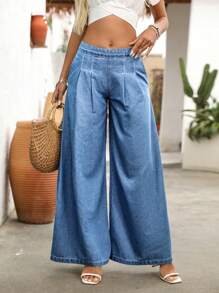 Breezaya Damen Plissee Weite Lässig vielseitige Weite Bein Jeans - Mittele Waschung - Übersicht 3