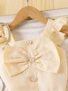 SHEIN Elladie kids 2pcs/Set Young Girl Floral Camisole With Big Bow & Solid Color Shorts With Pockets, Children Casual Summer Holiday Outfit - Yellow - View 3