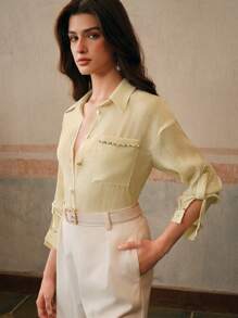 Anewsta 女士梭织串珠宽松优雅经典衬衫，适合老款、端庄、春季 - 黃色 - 查看 5