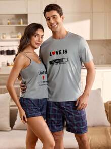 SHEIN 情侣休闲时尚睡衣套装，春夏季，男友礼物 - 灰色 - 查看 6