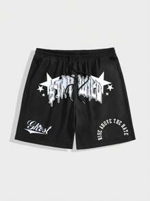 ROMWE MEN Prep Summer Casual Graphic Men'S Simple Letter Graphic Drawstring Waist Casual Shorts, School - Black - View 1