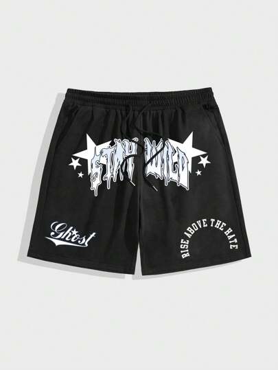 Prep Pantalones cortos casuales con cordón en la cintura y gráfico de letra simple para hombres, escolar