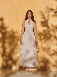 SHEIN X Hannahelzahed SHEIN MOD Apricot Floral Jacquard, Halter Oversized Bow Backless Dress, Dreamy Romantic Elegant With Layered Ruffle Trim, Suitable For Dates, Parties, Holidays, Tea Parties, Birthday Outfit,Summer Outfits For Women,Easter Outfits,Beach Outfits For Woman,Vacation Outfits Women,Summer,Concert Outfit Women,Rave Outfits,Cruise Attire Women,Western Wear Women.Graduation Dresses For Women,Baby Shower Dress,Boho Women Clothing,Festival Outfits For Women - Apricot - View 3