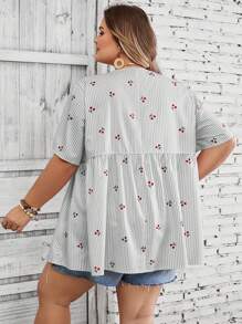 SHEIN CURVE+ Plus Size Women's Loose Cherry Graphic Print Striped Shirt For Beach Vacation Boho Vacationbeach Outfits For Woman/Beach Dress/Beach Vacation Outfits/Beach Essentials / Graduation/Tea Party Dresssummer/Country/Beach Vacation Outfits/Beach Outfits/Beach Wear