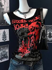 Muchica 黑色字母和图案印花无袖休闲女式 T 恤 - 黑色 - 查看 1