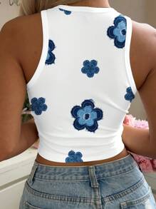 Mulvari Top ajustado de mujer de escote redondo con estampado de mezclilla, adecuado para el verano