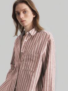 Ontre 2 Pieces Women's Colorblock Striped Shirt And Shorts Set, Urban Chic Fashion, Casual Long Sleeve Blouse And Shorts Outfit For Summer/Autumn, Suitable For Commuting, Office, Tea Party, Daily Wear - Multicolor - View 5