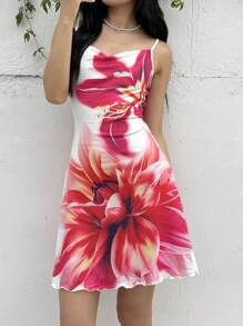 SHEIN Teen Girls' Casual Fitted Floral Print Cami Dress, Comfortable And Simple - Red - View 5