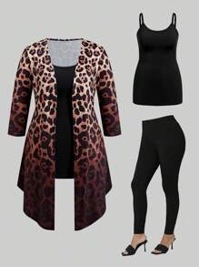 EMERY ROSE 3pcs Plus Size Women Set:Black,Autumn,Smart Casual,Vacation Sleeveless Top,Leggings,And Knit Cardigan Outfit Sets Casual Suit Summer Outfits For Women - Multicolor - View 1