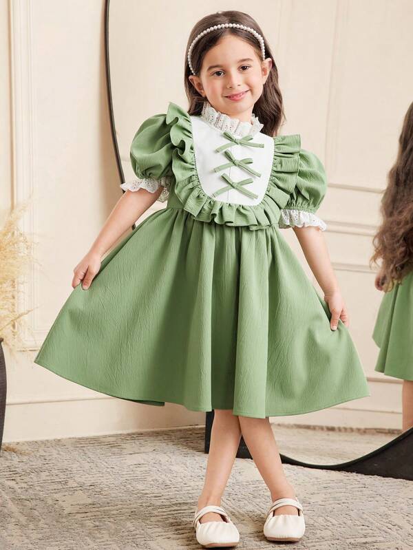 Young Girl Retro Vacation Casual Spring/Summer Mini Dress With Ruffle Collar, Puff Sleeves, Ruched Colorblock Patchwork, Bowknot Decor