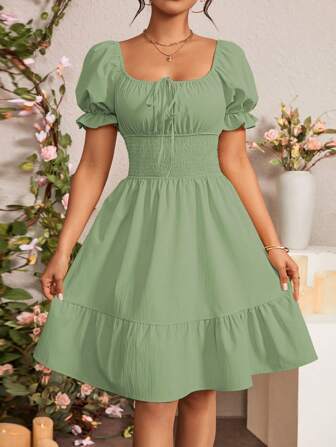 Rafferiza 女士纯色短袖方领连衣裙，夏季时尚