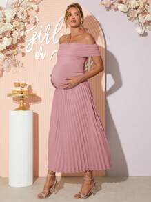 Loomaby 孕妇纯色露肩褶边优雅连衣裙 - 粉色 - 查看 5