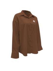 SHEIN 女式休闲日常长袖纽扣衬衫，带有马匹刺绣，秋季上衣