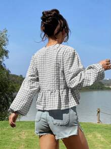 SHEIN EZwear 女式复古现代灰色格子天鹅绒前系带泡泡袖宽松衬衫