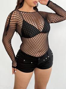 Whyspr Blouse sexy à manches longues transparente de couleur unie et ajourée, grande taille