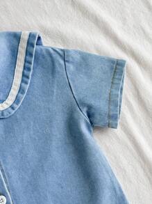 SHEIN Vintaside Kids Conjunto de top de denim de manga corta y parte inferior triangular casual de verano para niña, adecuado para uso casual en el hogar, actividades al aire libre y vacaciones