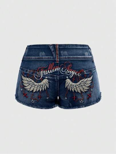 Hippie Y2K Cross & Wing Embroidered Vintage Style Low Waist Denim Shorts