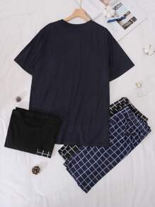 Conjunto de pijama de verano para hombres con parte superior de manga corta y pantalones cortos de estampado a cuadros cómodos