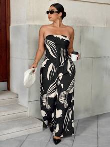 Celure 大码女式两件套热带植物印花抹胸和裤子，休闲假日复古浪漫风格夏季