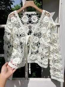 Comfortcana Women Open Front Solid Color Long Sleeve Hollow Out Cardigan, Fashionable For Spring & Autumn - Beige - View 7