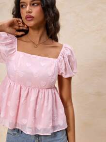 Glamine 女士优雅纯色心形图案衬衫，夏季，方领上衣