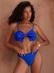 SHEIN Swim Set 2 pezzi moda primavera/estate per spiaggia e resort, colore unito con fiocco decorativo su parte anteriore e vita, elegante e sofisticato