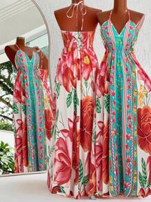 Flirla Plus Size Vintage Floral Printed Romantic Palace Style Dress, Spring/Summer - Red - View 2